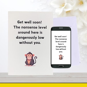 Afdrukbare grappige beterschapskaart | "Het onzinniveau is veel te laag" | Directe digitale download + GRATIS e-card | Humoristische beterschapskaart