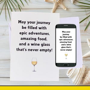 Grappige afdrukbare Bon Voyage-kaart | "Avontuur, eten en wijn" | Digitale download + gratis e-card | Humoristische reisafscheidskaart voor haar of hem