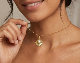 Collier Pendentif Coquillage Et Perle Doré Luxe - Acier Inoxydable Et CZ, Neuf