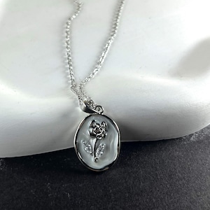 Silver Plated Necklace With Embossed Rose Oval Pendant, Vintage Inspired Floral Jewelry, Elegant Romantic Gift For Nature Loving Women