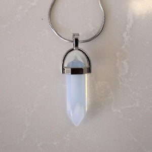 Opalite Glass Crystal Pendant Necklace in Silver Tone, Iridescent Healing Stone Jewelry for Calm, Clarity, Balance and Moonlit Glow Gift