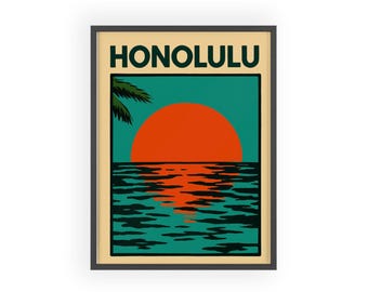 Honolulu Sunset Poster with Wooden Frame | Retro Tropical Travel Print