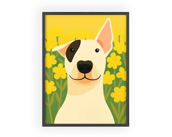 Pôster de Bull Terrier Feliz com Moldura de Madeira | Decoração de Parede com Arte Canina