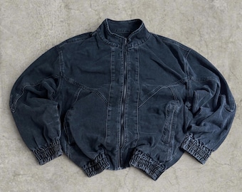 Schwarz Graue Denim Bomberjacke im Vintage-Stil - Unisex Harrington mit Kragen und Reißverschluss