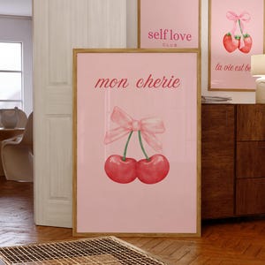 Mon Cherie Print Pink Cherry Coquette Wall Art Retro Aesthetic French Quote Decor Aesthetic Preppy Trendy Girly Cherry Fruit Decor Bar Cart