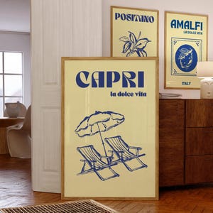 Capri Wall Art La Dolce Vita Italian Summer Beach Umbrella Preppy Retro Travel Poster Blue Yellow Butter Kitchen Bar Cart Art Dopamine Decor