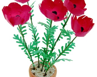 KIT Giant Poppy, Red/Pink, Paper miniature flower, dolls house garden, pot NOT INCLUDED