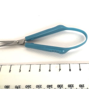 May include: A pair of small, blue handled scissors with a silver blade. The scissors have a flexible loop handle.