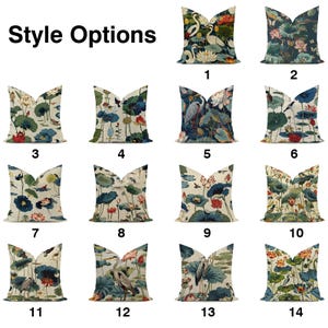 May include: Decorative throw pillows with floral and bird designs. The pillows feature various patterns, including lotus flowers, herons, and other birds, in shades of blue, green, and red. The text "Style Options" is at the top.
