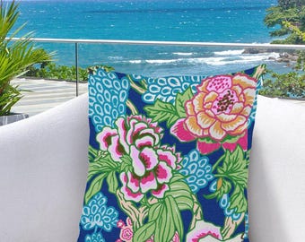 Outdoor Blue And Pink Chinoiserie Floral Pillow Covers Couch Bench Decor Vintage Print Outdoor Pillows Waterproof Outside Couch Decor