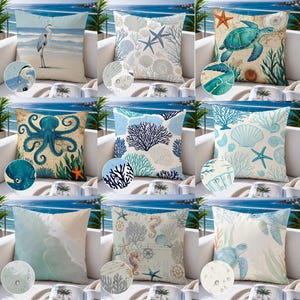 Fodere per cuscini impermeabili a tema costiero: animali marini, conchiglie, stelle marine, cuscini decorativi per divano.