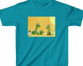 May include: A turquoise blue t-shirt with a graphic of two green cartoon dinosaurs on a yellow background.