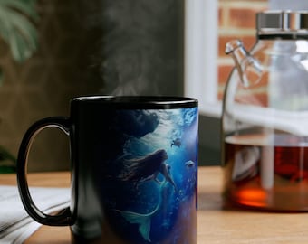 Mermaid Black Mug, Under the Sea Mythical Design, Drinkware, Tea Cup, Coffee Cup, Gift for Mermaid Lover, Ocean Theme Kitchen Decor
