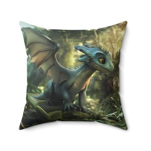 Dragon Square Pillow, Mystical Forest Home Decor, Fantasy Creature Throw Cushion, Novelty Bedroom Accent, Unique Gift for Dragon Lover, Spun