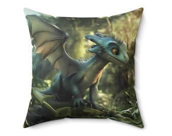 Dragon Square Pillow, Mystical Forest Home Decor, Fantasy Creature Throw Cushion, Novelty Bedroom Accent, Unique Gift for Dragon Lover, Spun