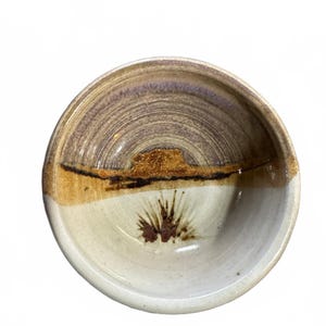 Può includere: Una ciotola in ceramica rotonda con un design a due tonalità. La parte superiore presenta una sfumatura testurizzata di marrone terra e viola con una linea orizzontale scura, mentre la parte inferiore è color crema con una macchia marrone.