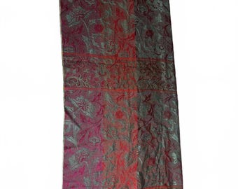 Xale/Cachecol Vintage de Seda Jacquard com Franjas Florais