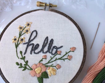 Hello Embroidery Kit, Hand Embroidery Kit - Beginner Embroidery Kit, Floral Embroidery , Modern Floral Embroidery Pattern, DIY Hoop Art,