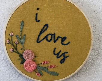 I love us embroidery hoop, floral embroidery, needle point, embroidery hoop art, modern hoop art