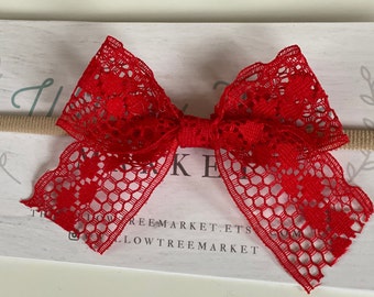 Red lace Bow Headband, Red Bow headband, Baby bow Headband, Red nylon headband, Vintage lace baby bow headband, vintage lace bow