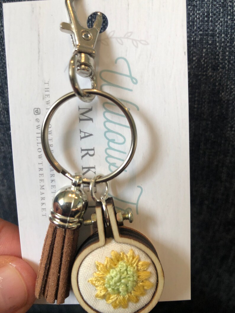 Sunflower Keychain Mini Keychain Embroidered Sunflower Keychain Bright Sunflower Keychain