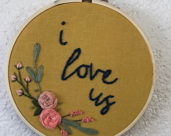 I love us embroidery hoop kit, beginner embroidery kit, hand embroidery kit, floral embroidery kit, beginner needle point, modern hoop art