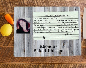 Custom Recipe Glass Cutting Board with hand written recipe card image and photo