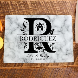 Monogram Glass Cutting Board personalized Family Couples Name established date