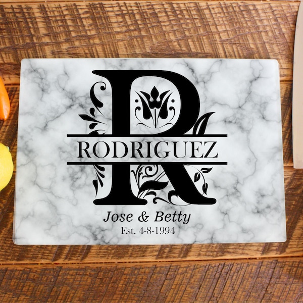 Monogram Glass Cutting Board personalized Family Couples Name established date