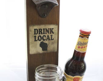Personalized Wall Mount Bottle Opener with Mason Jar Cap Catcher