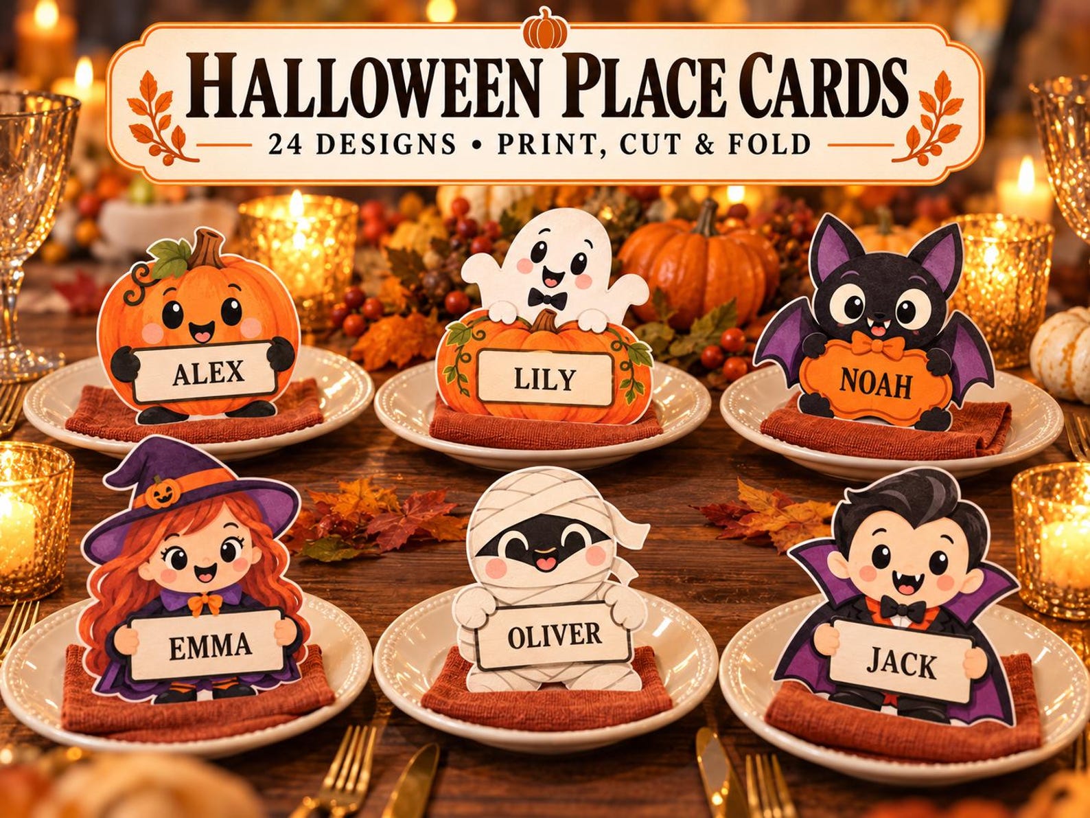 A Different Friendly Character for Every Guest Printable Halloween place-card collection with pumpkin, ghost, cat, witch and other characters.