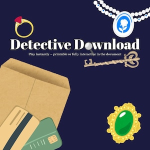 May include: An illustration with a detective theme. The image features a gold ring with a red stone, a necklace with a blue pendant, a magnifying glass, a key, a green gem, a brown envelope, and credit cards. The text reads "Detective Download".