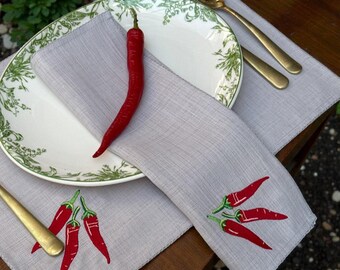 Embroidered Chili Pepper Linen Placemats & Napkins • Mediterranean Table Decor