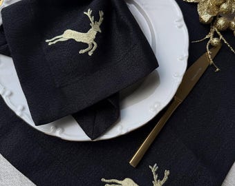 Black Deer Embroidered Christmas Placemats & Napkins – Gold or Silver • Holiday Table Linens