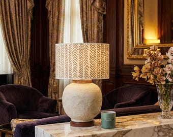 Handmade Textured Ceramic Table Lamp with Linen Shade – Modern Accent Lamp