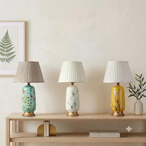 Ceramic Table Lamp, Bird Floral Bedside Lamp, Chinoiserie Accent Lamp, Fabric Shade, E27 Socket, Touch or Dimmer Switch