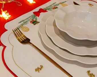 Embroidered Christmas Table Set – Holiday Placemats, Runner & Napkin Rings