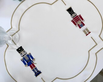 Linen Nutcracker Embroidered Placemats | Gold Scalloped Christmas Table Decor