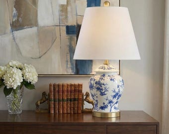 Luxury Blue & White Ceramic Table Lamp – Hand-Painted Chinoiserie Design with Linen Shade