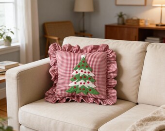 Punch Needle Christmas Tree Pillow | Red Gingham Ruffle Holiday Cushion