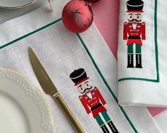 Embroidered Nutcracker Christmas Placemat or Napkin • Holiday Table Linens