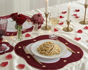 Burgundy Velvet Heart Placemat Napkin Set, Embroidered Gold, Romantic Table Decor
