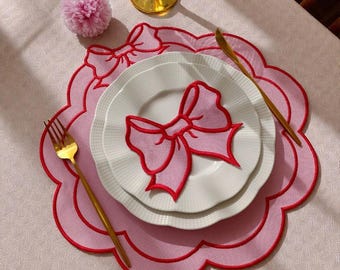 Valentine's Day Pink Bow Placemat & Napkin Set, Embroidered Cotton-Linen Table Linens