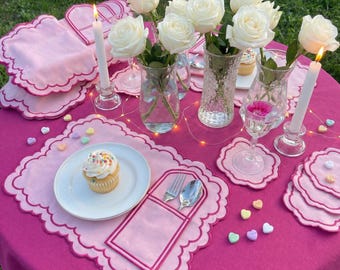 Valentine's Day Embroidered Linen Placemat Set, Pink Scalloped Cocktail Napkins, Romantic Table Decor