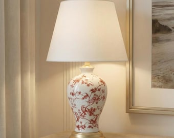 Hand-Painted Chinoiserie Ginger Jar Lamp – Red Floral Ceramic, Linen Shade