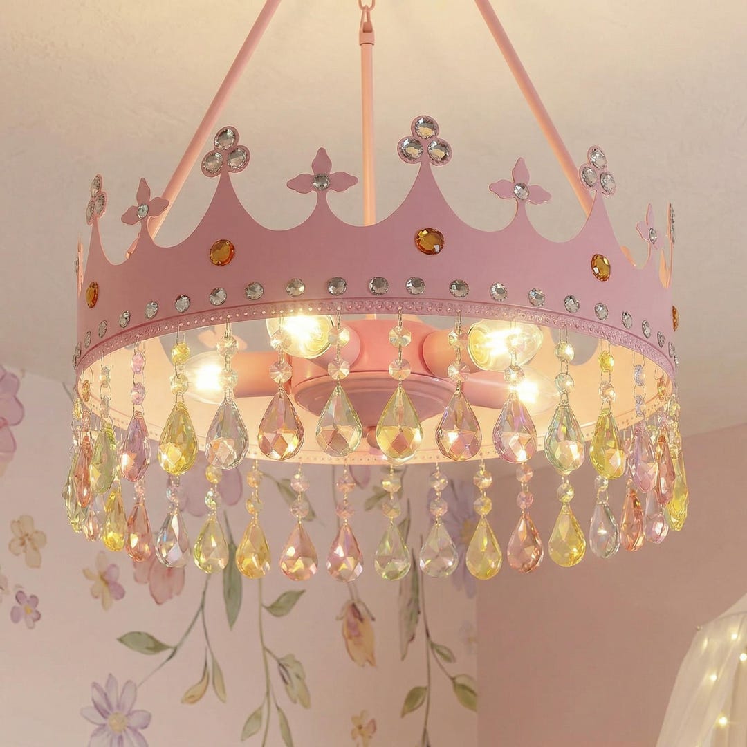 Pink Princess Crown Chandelier for Kids Room, Fairy Tale Crystal ...