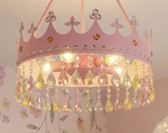 Pink Princess Crown Chandelier for Kids Room, Fairy Tale Crystal Ceiling Light for Girls Nursery