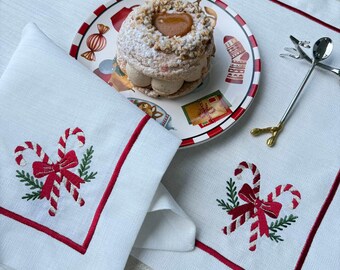 Candy Cane Embroidered Christmas Placemats & Napkins – Holiday Table Linens • Christmas Dinner Decor