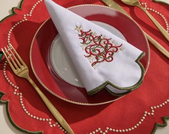 Embroidered Christmas Linen Table Set | Holiday Placemats and Napkins