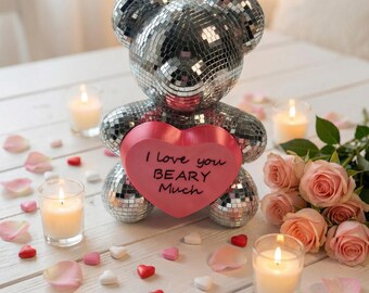 Personalized Disco Teddy Bear Sculpture, Mirrored Mosaic Tile Art, 70s Valentine Gift